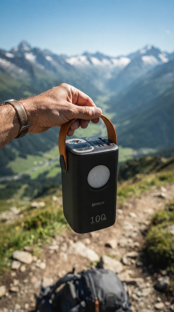 Power bank na mão com montanhas ao fundo