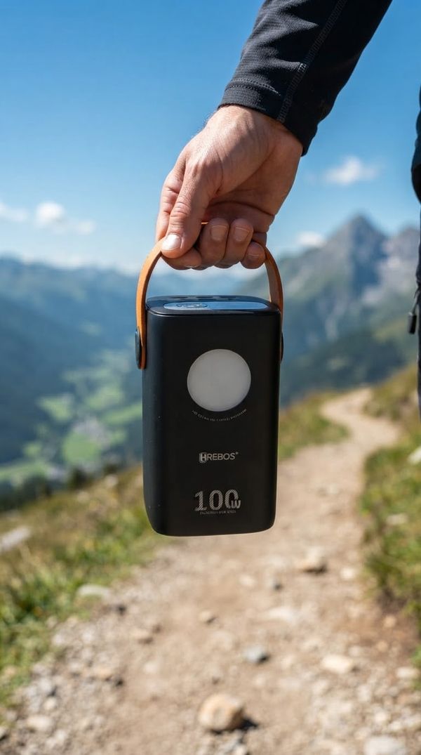 Power bank carregado pela alça numa trilha
